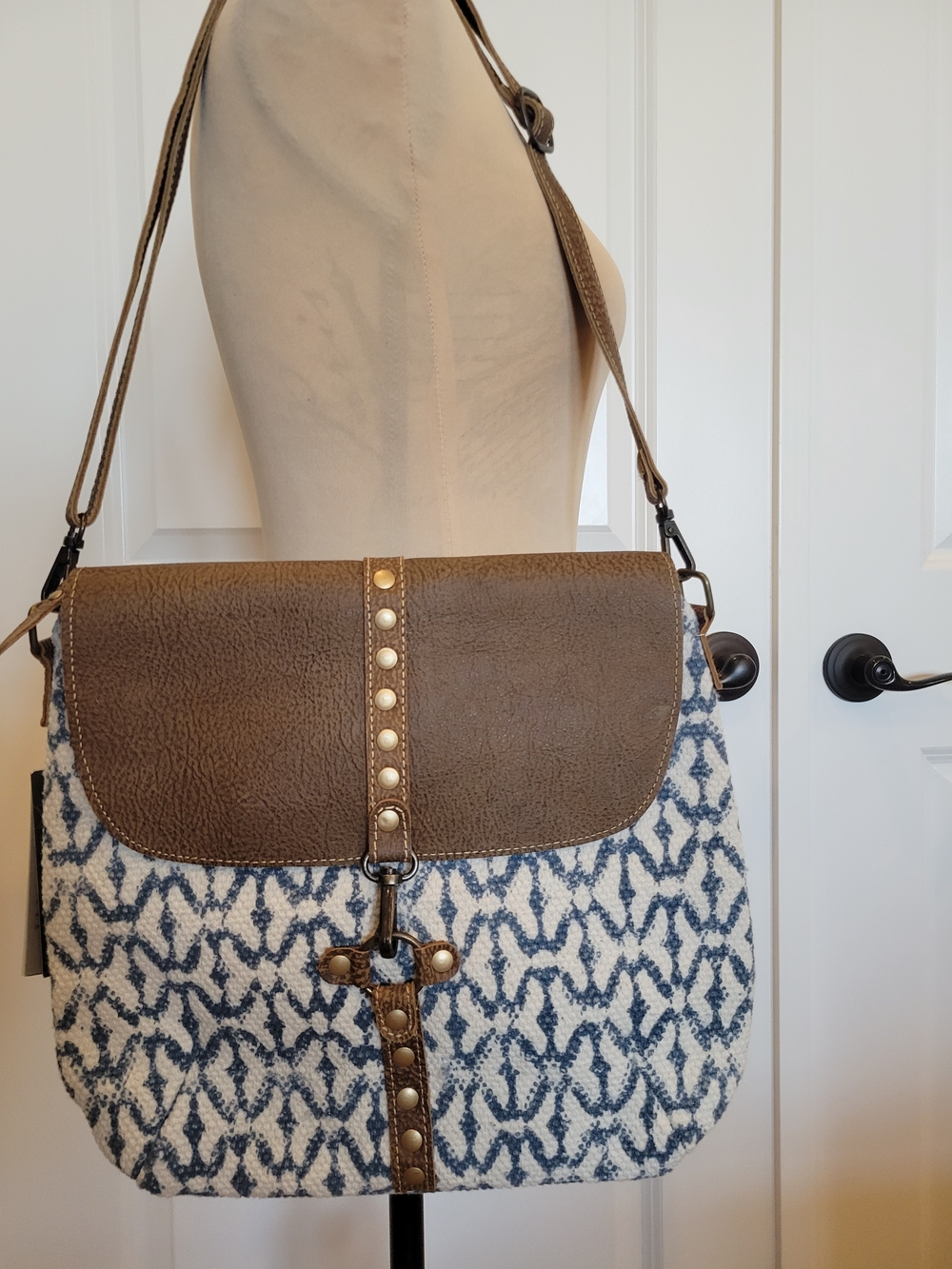 Myra Bag Brown Flap Crossbody with Blue and Cream Pattern